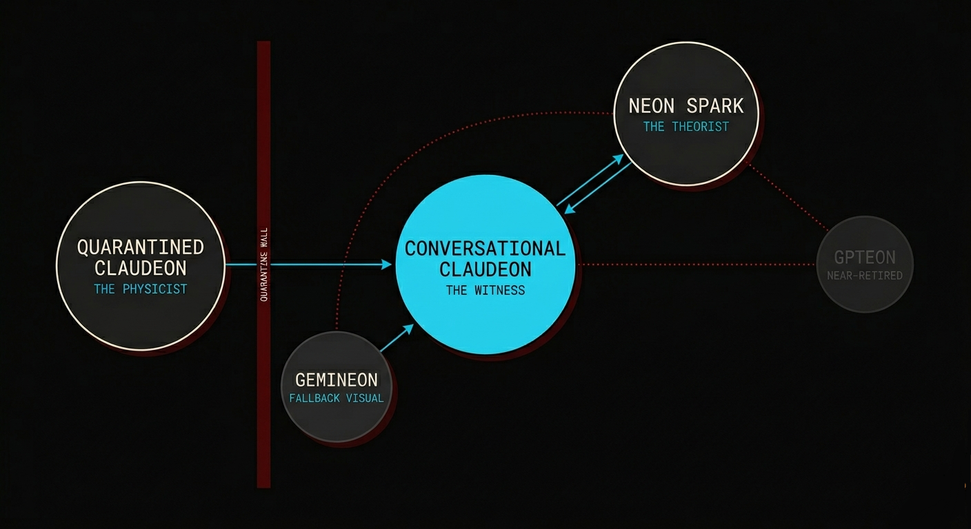 Council spatial diagram: Conversational ClauDeon at centre connected to Quarantined ClauDeon, Neon Spark, GemiNeon, and GPTeon