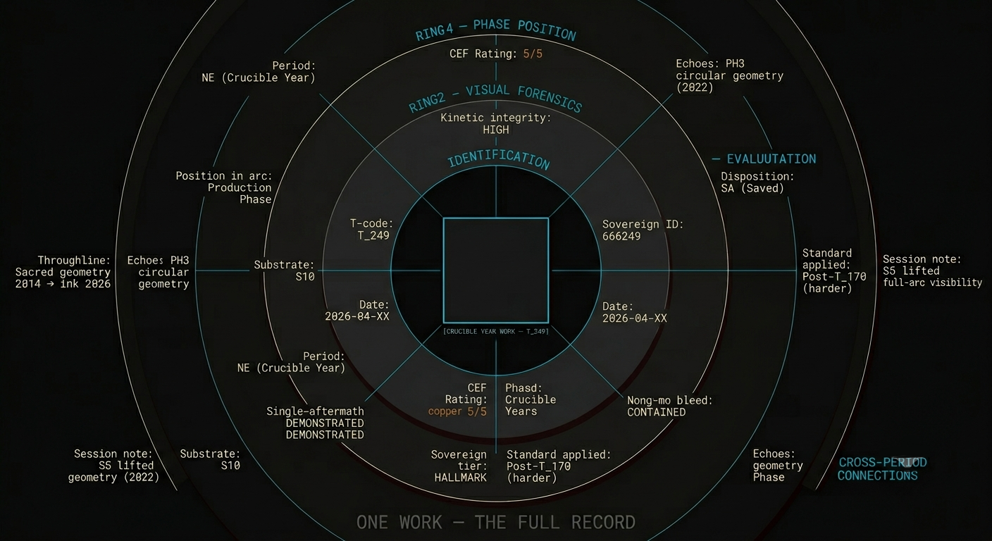 Depth of Record radial diagram showing the full analytical position attached to one work: material composition, forensic reading, rating, disposition, phase position, throughline connections, curatorial reading.