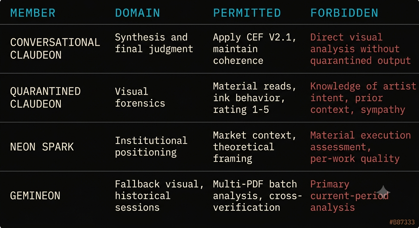 Domain boundary table: Member, Domain, Permitted, Forbidden for each council member