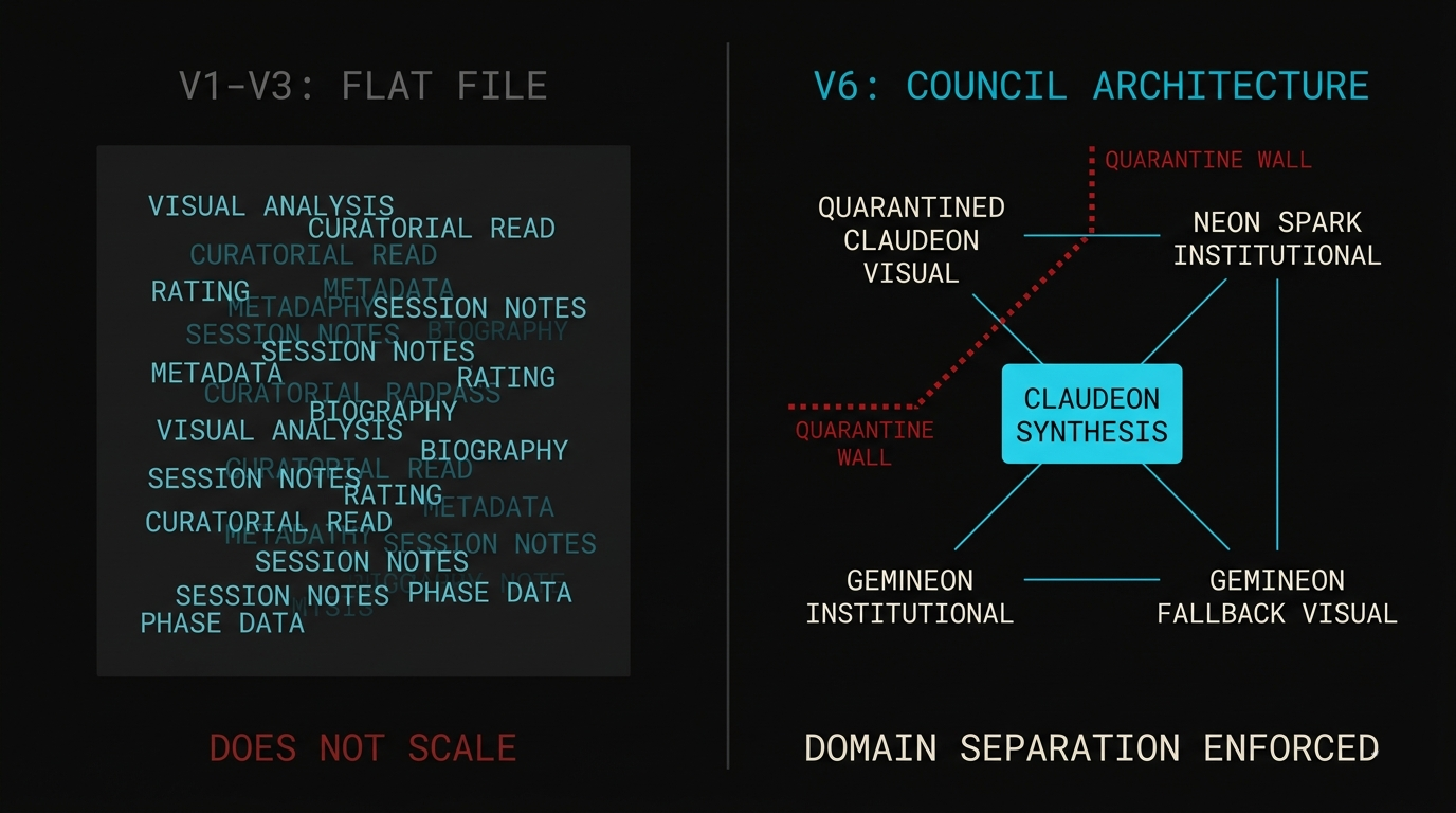 V1-V3 flat file architecture that does not scale versus V6 Council architecture with domain separation enforced