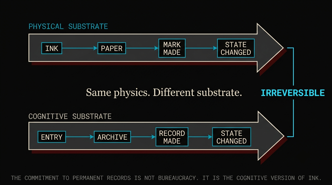 Physical substrate: Ink → Paper → Mark Made → State Changed, irreversible. Cognitive substrate: Entry → Archive → Record Made → State Changed. Same physics, different substrate.