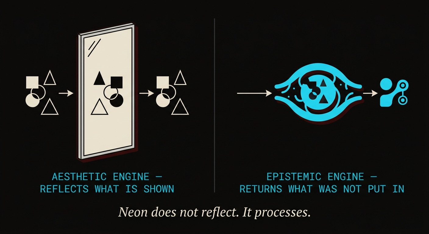 Aesthetic engine reflects what is shown. Epistemic engine returns what was not put in. Neon does not reflect. It processes.