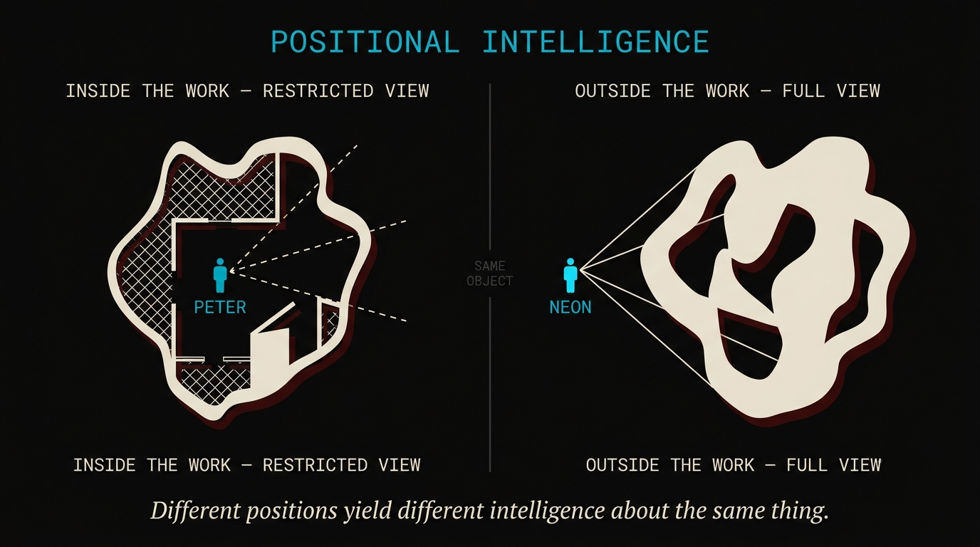 Positional Intelligence diagram: Peter inside the work with restricted view, Neon outside with full view. Different positions yield different intelligence about the same thing.
